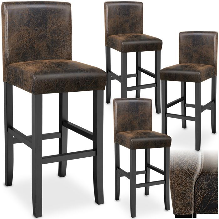 Tabouret de bar - TECTAKE - Lot de 4 tabourets avec dossier rembourré et pieds en bois massif hauteur d’assise 76 cm - Marron foncé