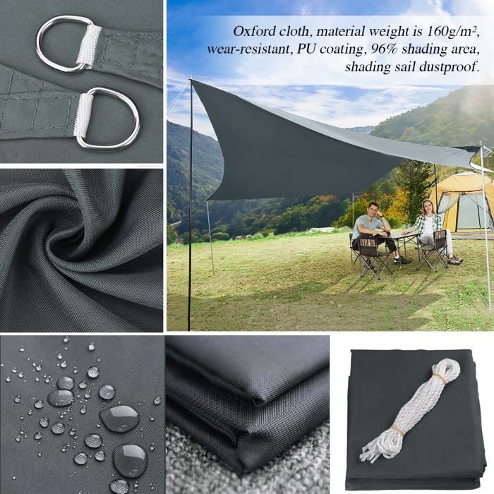 Voile D'Ombrage Rectangulaire 2x2m Imperméable - Protection UV 95%, Anthracite - Idéal Patio, Jardin, Pergola