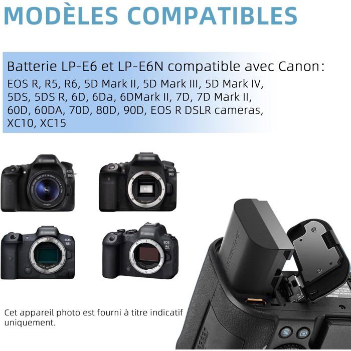 LP-E6 LC-E6 LC-E6N Batterie Compatible avec Canon EOS R R5 R6 R7, R5 C ...