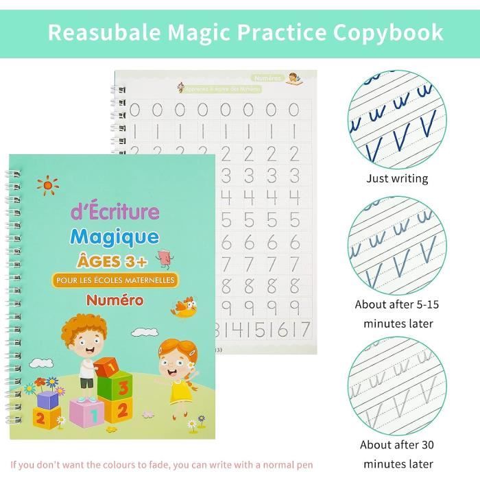 Cahier Magique Réutilisable Enfant - Lot 4 Livres + Stylo Auto-Effaçant - Apprentissage Écriture 4-8 Ans