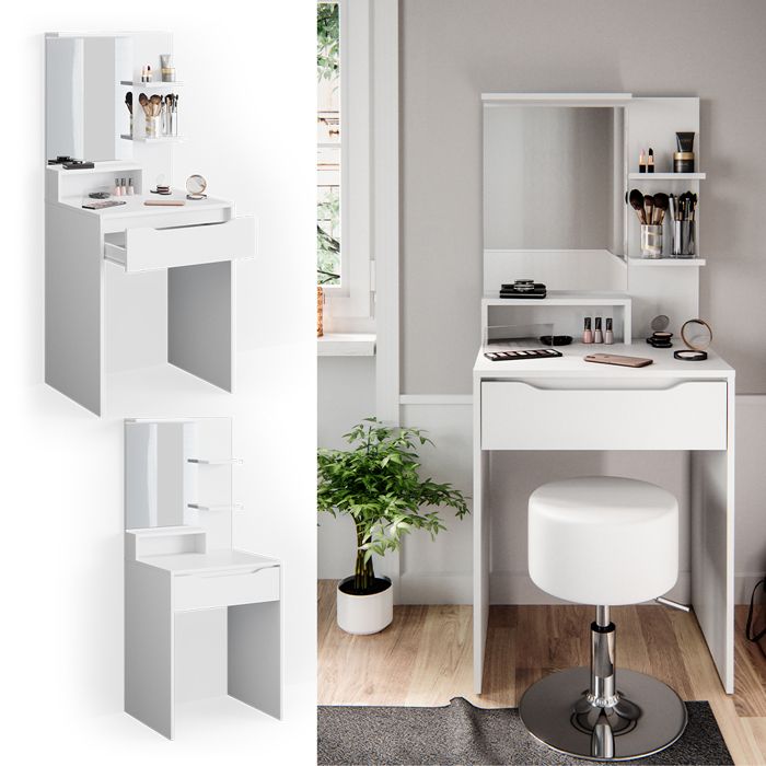 Coiffeuse, Table De Maquillage Avec 2 Tiroirs + Miroir Coloris Blanc - L. 90 X P. 45 X H. 140 Cm