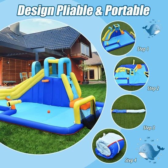 DREAMADE Château Gonflable Géant – Toboggan Aquatique, Mur D’escalade, Piscine, Pour Enfants 3-10 Ans, Avec Gonfleur 450W