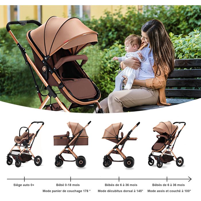 Poussette 3 En 1 Nacelle + Siège - Réversible, Pliable Une Main - Pour Bébé 0 à 3 Ans (22kg Max)