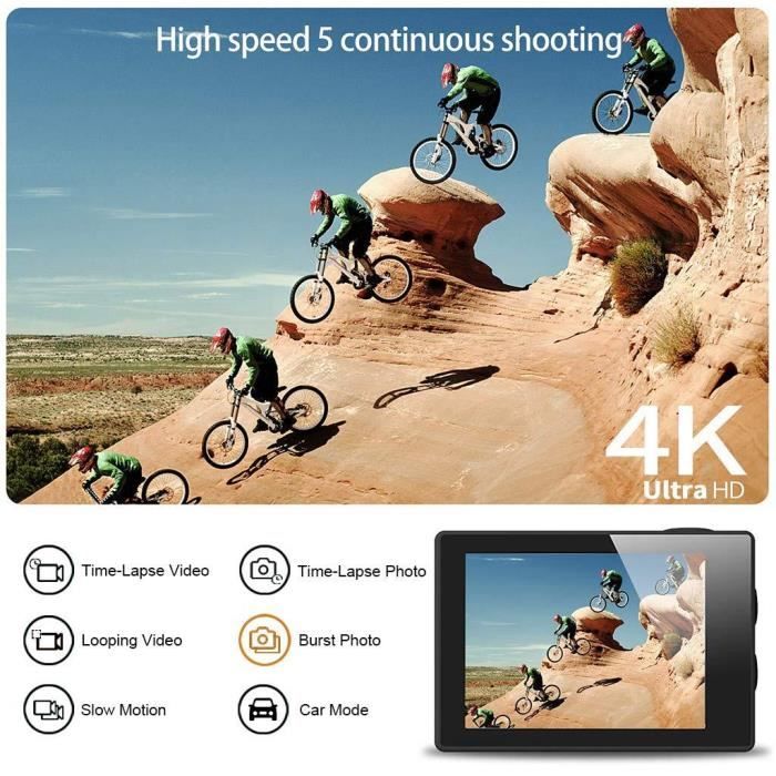 Apexcam Caméra Sport 4K 20MP Étanche 40M - WiFi, Télécommande 2.4G, 2 Batteries + 64GB MicroSD - Idéale Pour Aventures