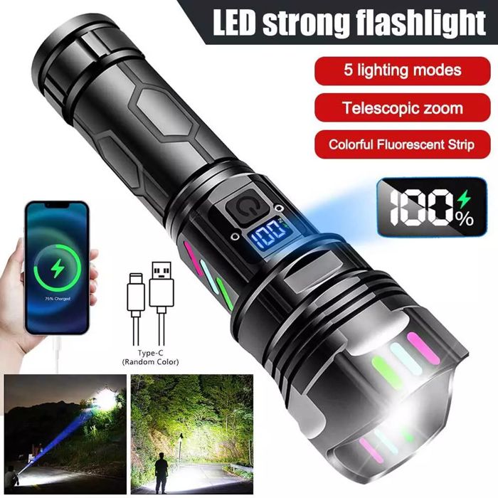 Acheter Lampe de poche LED haute puissance 1200LM, Flash puissant, Rechargeable, longue portée 1500M, avec batterie intégrée