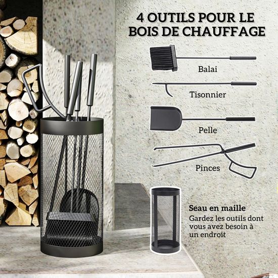 Set De Cheminée Eisengarnitur – Doré – 4 Pièces – Fer