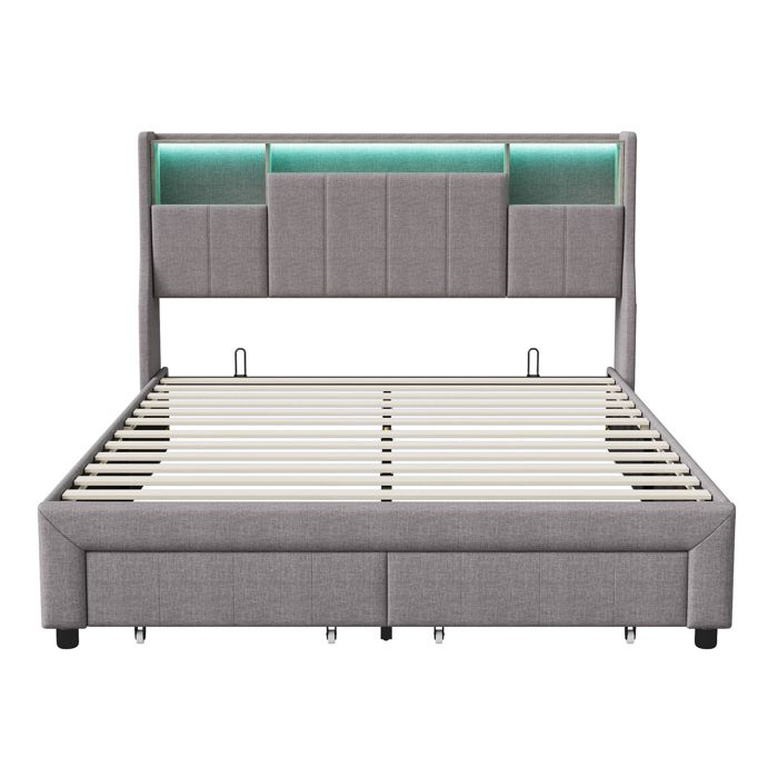 Lit Double 140x200 Cm Avec Tête De Lit Rangement Et éclairage LED - Cadre Flottant, Sommier Inclus - Tissu Lin Beige - Capacité 250 Kg