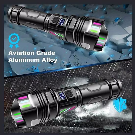 Azyvum Lampe Torche LED Rechargeable, 1500LM Flashlight Lampe de Poche LED Ultra Puissante Tactique en Aluminium, 3 Modes d'éclairage & Zoomable pour Camping/Randonnée/Urgence/Coupure de Courant