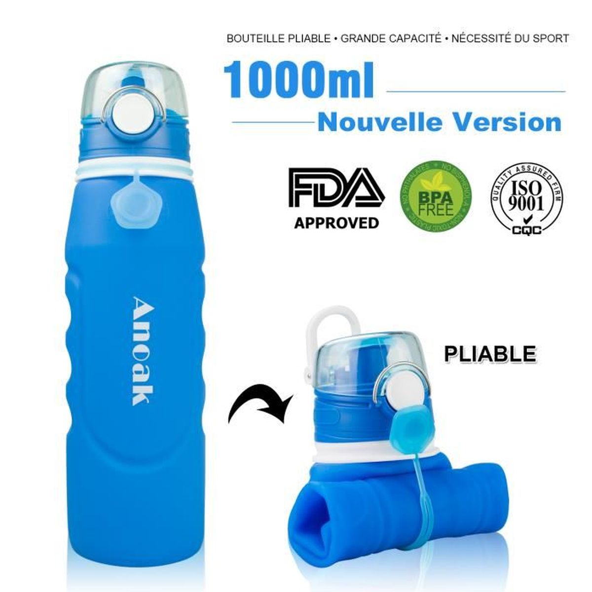 Food-Grade Silicone 1 Pliable Bouteille d/'eau Pliable portable étanche
