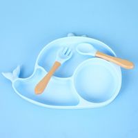 Ensemble d'alimentation pour bébé en silicone et bois - Baleine Ventouse