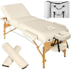 TABLE DE MASSAGE - TABLE DE SOIN TECTAKE Ensemble de table de massage SOMWANG portable pliante 3 zones rembourrage 75 cm avec cadre en bois - Beige