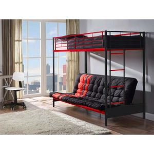 LIT MEZZANINE Lit mezzanine 90x190 cm avec banquette convertible en métal noir et rouge + futon MODULO V