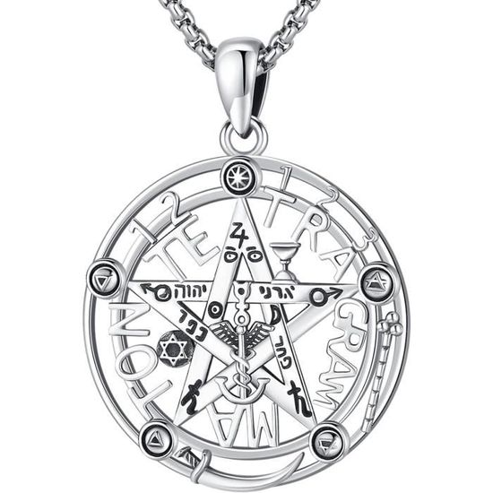 Collier Pendentif Pentacle Théban - Amulette Prospérité, Bijou Païen, Argent Et Noir