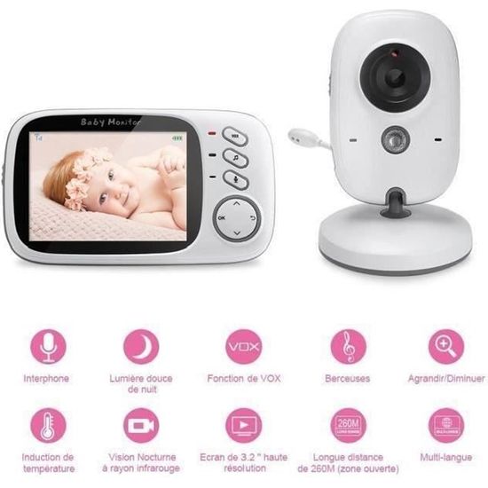 Bébé Moniteur 3.2" LCD Couleur Babyphone Vidéo Ecoute Bébé Video Camera Surveillance 2.4 GHz Bidirectionnelle Vidéo Babyviewe J0F