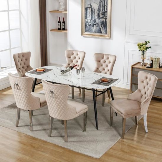 Lot De 6 Chaises De Salle à Manger Bentley – Velours Beige, Piètement Chromé – Luxe