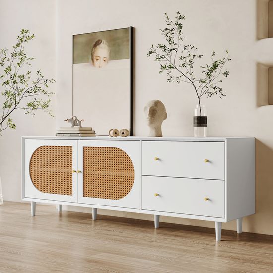 Meuble Bas TV Vintage 175x38x55.5 Cm - 2 Tiroirs, 4 Portes En Vannerie - Blanc Avec Poignées Dorées - Pour Téléviseur 70 à 79 Pouces - 7