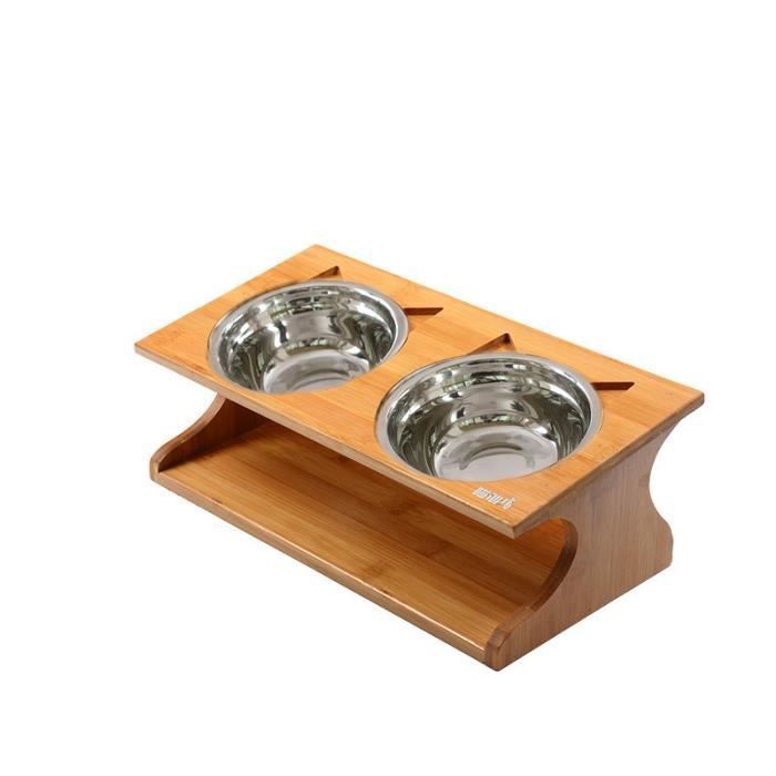 Gamelle Surélevées Chien Chat de Parfait Hauteur , 2 Gamelles en Acier Inoxydable avec Support Elevéen en Bois