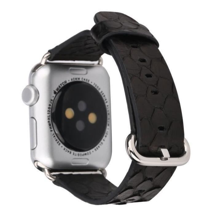 Trop Saint® Bracelet en Véritable Cuir de Python pour Apple Watch (42mm) avec Fermoir métallique, iWatch Wristband Strap - Noir