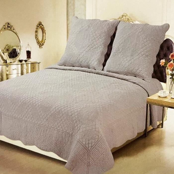 Couvre lit Boutis Bastidon gris coton avec 2 taies d'oreiller 2m30 x 2m50