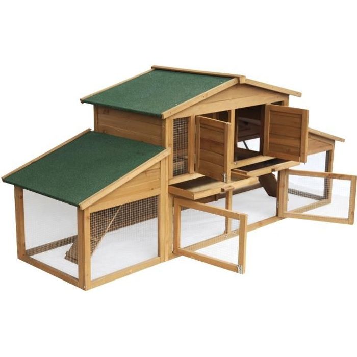 EUGAD Clapier à lapin, Cage de lapin en bois,Cabane à lapin enclos en bois de 2 étages et 4 portes,99x230x74cm