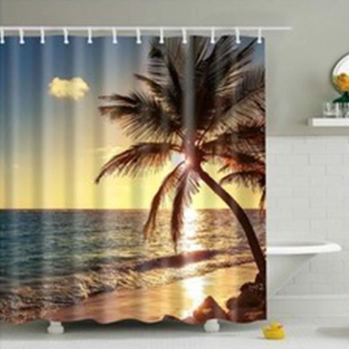 PRI Rideau de douche tissu imperméable Anti moisissure décoration universelle de salle de bain arbre plage Nature paysage carré