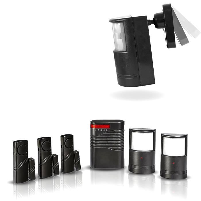 FISHTEC Alarme Sans Fil 6 pièces - 2 Détecteur de Mouvement + 3 Détecteur d'Ouverture - Sirène 85 à 110 dB