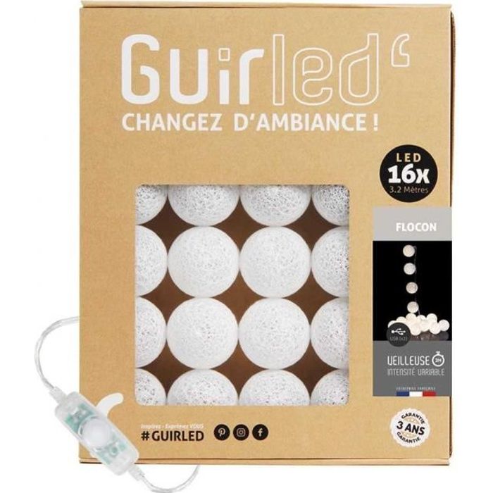 Guirlande lumineuse boules coton LED USB - Chargeur double USB 2A inclus - 3 intensités - 16 boules - Flocon