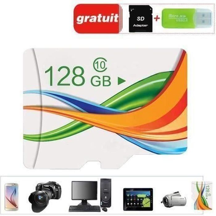 V03 Carte Mémoire Micro SD 128go Class 10 Adaptateur sd + lecteur de cartes