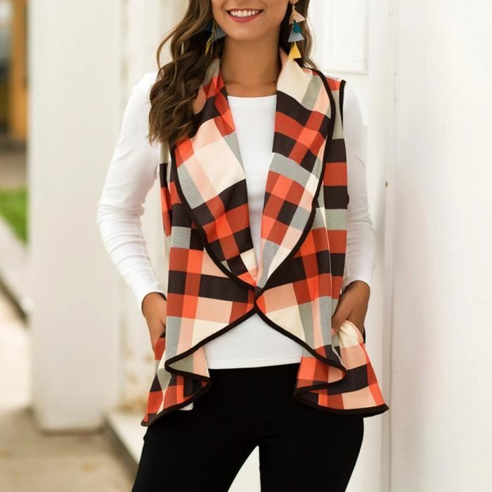 Cardigan gilet sans manches à carreaux avec poches à carreaux