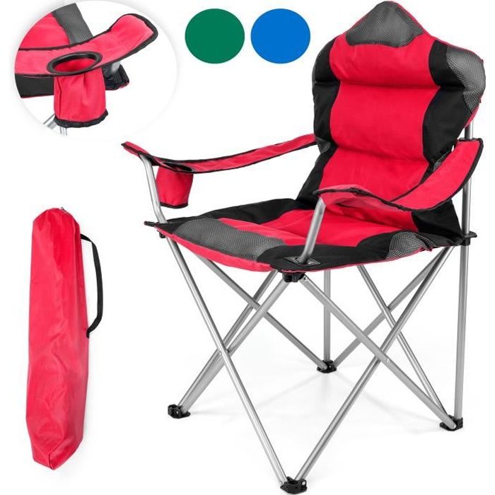 TRESKO Chaise de camping pliante ROUGE - jusqu'à 150 kg - chaise de pêche, avec accoudoirs et porte-gobelets
