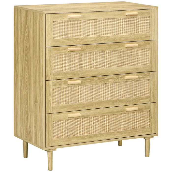 Commode 4 tiroirs - HOMCOM - meuble de rangement façade tissage en rotin - style bohème dim. 90l x 45P x 1085H cm Aspect Bois Clair
