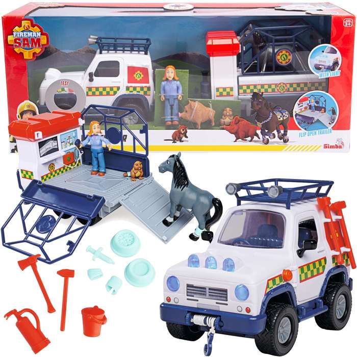 SIMBA Sam le pompier - Kit de sauvetage vétérinaire voiture tout-terrain avec remorque 15 pièces et lumière