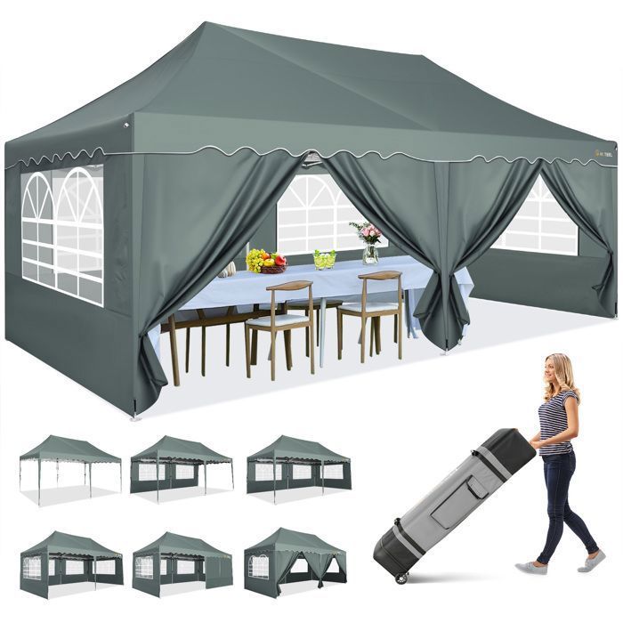 Tonneau Pliable 3x6 M Aufun - Toit Oxford Imperméable, 6 Panneaux Latéraux - Pour Jardin, Fête, Camping - Gris