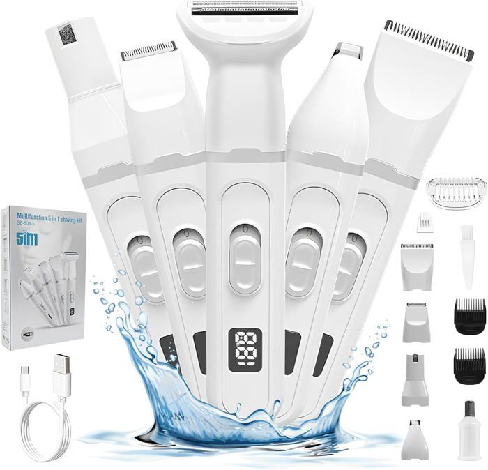 Épilateur Électrique Femme 5 en 1 Rasoir Femme Electrique Sans Fil Tondeuse IPX7 Étanche pour la