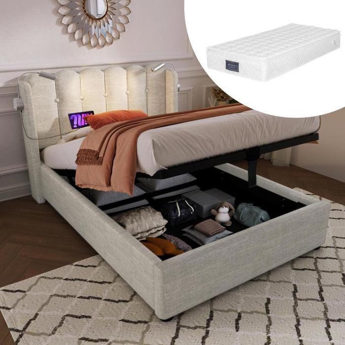 Lit Coffre 90x200 Cm Avec éclairage LED Et Tête Réglable - Velours Beige, Rangement Hydraulique, Sans Matelas - Pour Adulte/enfant