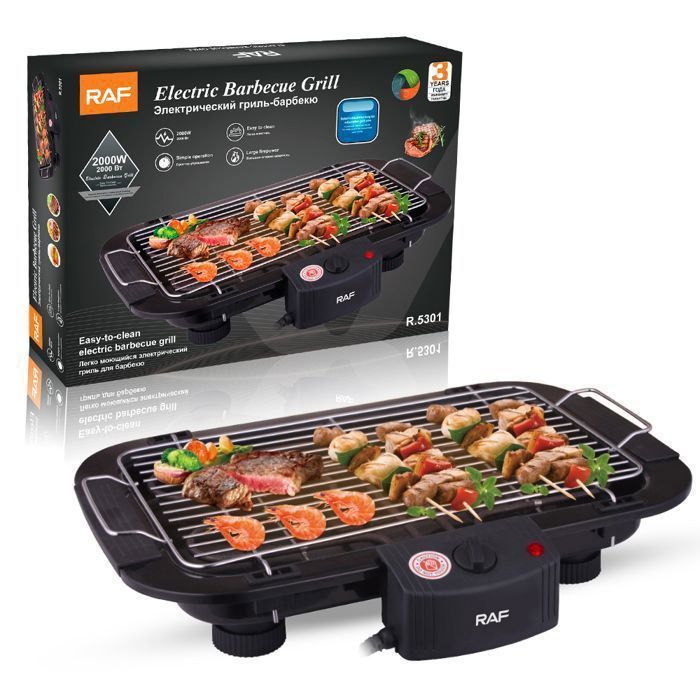 Barbecue électrique RAF 2000 W 5 niveaux de réglage de la températur Nettoyage facile bac à eau réduction fumée + odeurs Noir