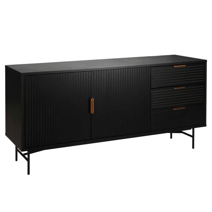 Buffet 2 portes et 3 tiroirs en mélaminé et acier 160 cm noir Gabin - Oviala