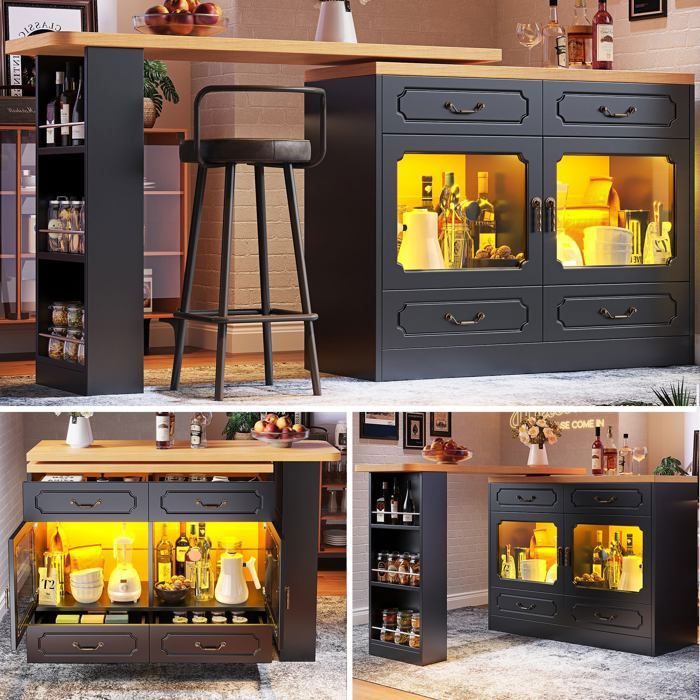 table bar de cuisine extensible(135-203 × 39 × 92 8 cm)avec LED table haute rotative à 360° avec rangement meuble bar Noir