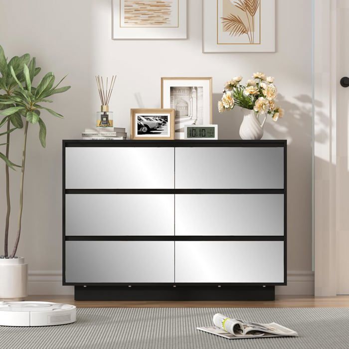 GOOBUY Commode à 6 Tiroirs 100cm Armoire de Rangement avec Miroir et Bandes LED Grand Espace de Rangement 100x34x725cm Noir