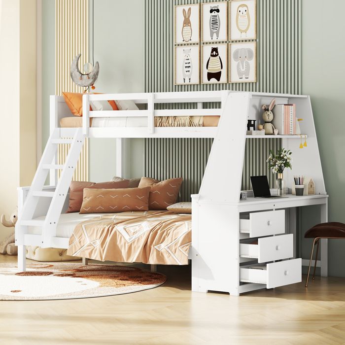 Lit 90x200 cm + 140x200 cm en pin massif et MDF blanc avec bureau intégré et grands rangements