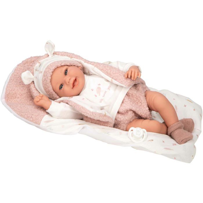 Poupée réaliste bébé - Arias - Colin - 40 cm - Rose et Blanc - Coussin assorti - Poids réaliste - Vinyle doux
