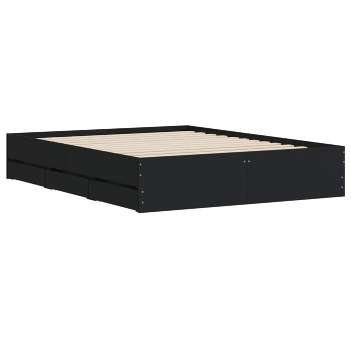 Lit double avec tiroirs - KALISSE - 140x190 cm - Noir - Bois dingénierie - 6 tiroirs - Sommier inclus - Montage facile