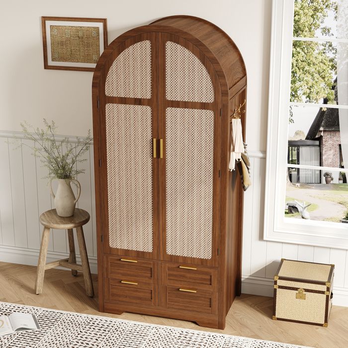 Armoire Penderie Moderne en Rotin Noyer avec Portes Cintrées Tringle Tiroirs – 80x50x179 cm