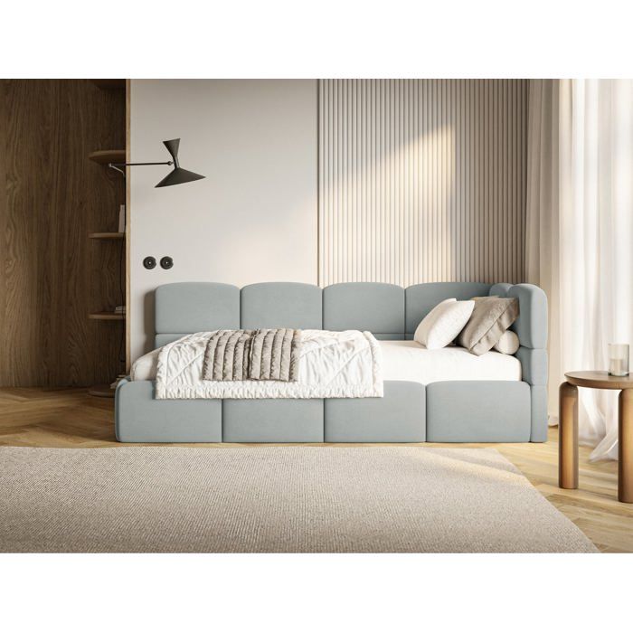 Lit ado – CLOUDY – 120x200 cm – tête de lit à droite – matelas & coffre de rangement – velours gris Lit ado – CLOUDY – 120x200 cm – tête de lit à droite – matelas & coffre de rangement – velours gris