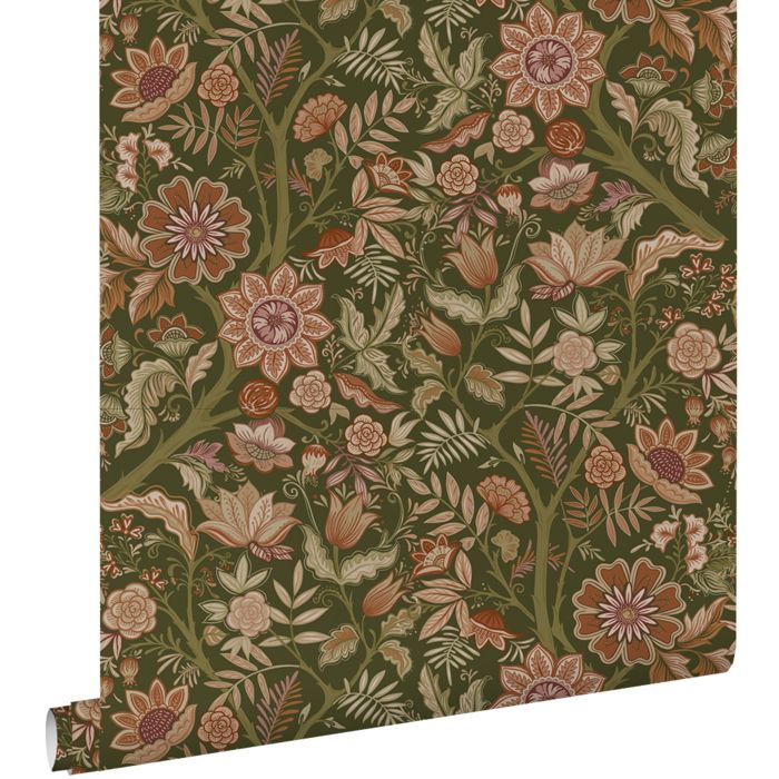 Papier peint fleurs vintage vert foncé et marron terracotta - 53 cm x 10.05 m - ESTAhome