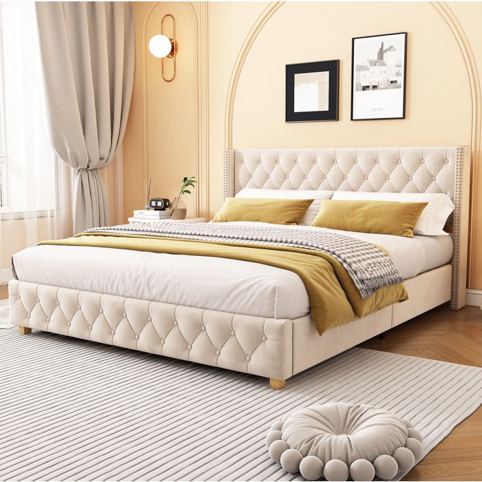 Lit adulte 160x200 cm en velours beige clair avec sommier à lattes tête de lit capitonnée et pieds bois