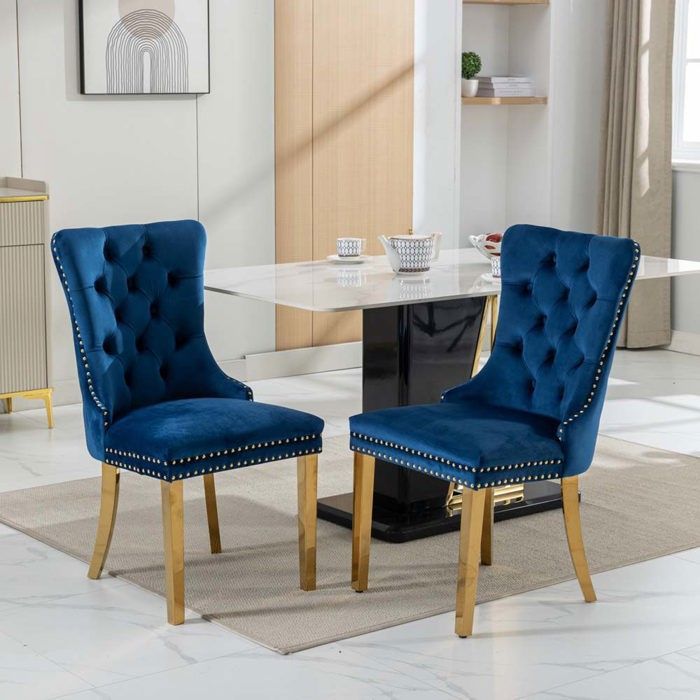 Chaise de salle à manger - Modernes rembourrées en velours - Bleu - Pieds bois massif dorés - Dossier haut