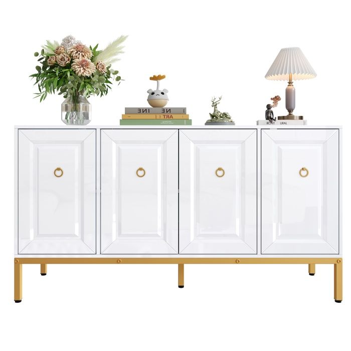 Buffet Bahut Laqué Blanc - 4 Portes avec Poignées Dorées et Pieds Métal Doré Rangement MDF 140×40×80 cm Blanc+Or