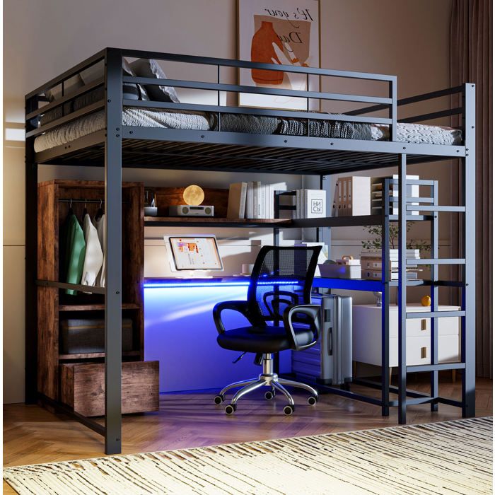 Lit mezzanine noir 140×200 cm avec bureau LED 16 couleurs rangement intégré sans matelas