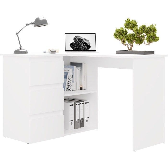 Nicea - bureau dangle avec rangement - 3 tiroirs + 2 etagères - 120x485x75 cm - bureau dordinateur - blanc